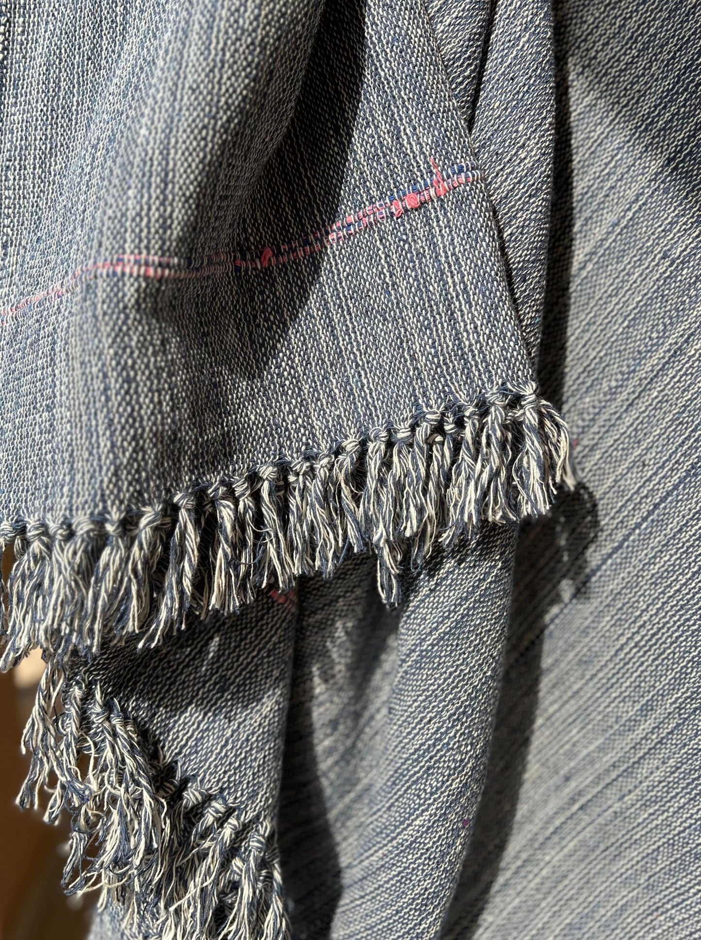 Blue Khadi Cotton Throw with Tassels