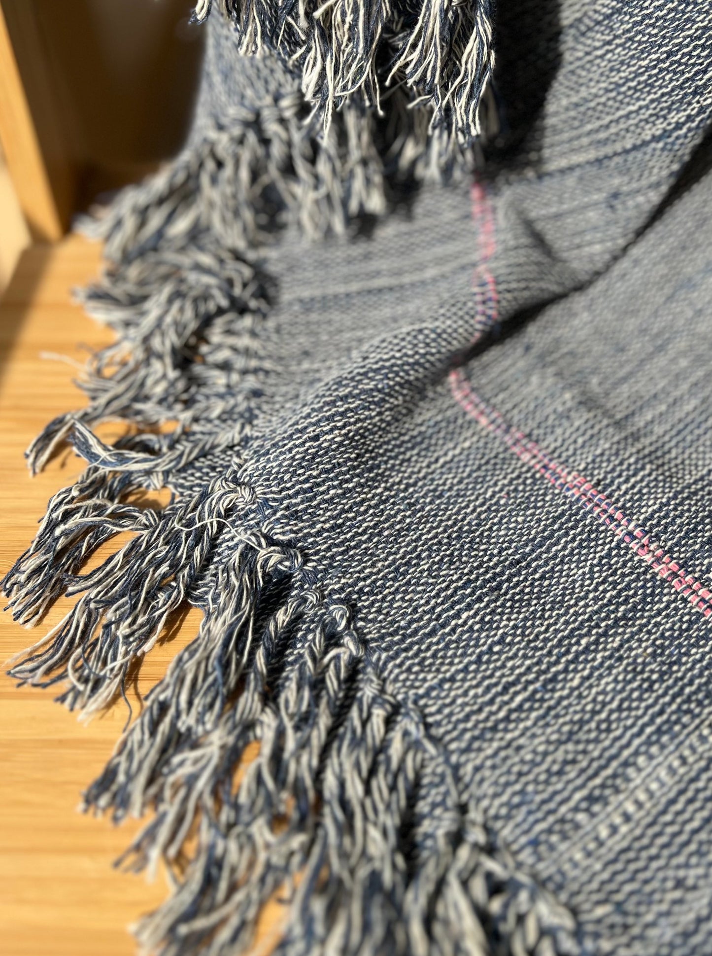 Blue Khadi Cotton Throw with Tassels