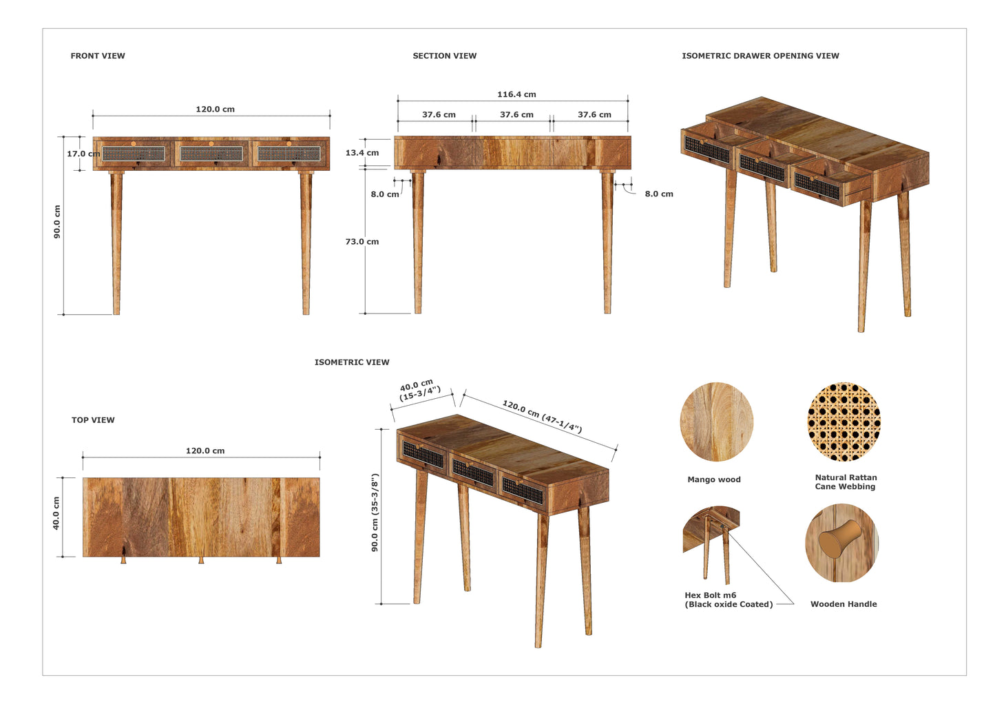Rattan 3 Drawers Console
