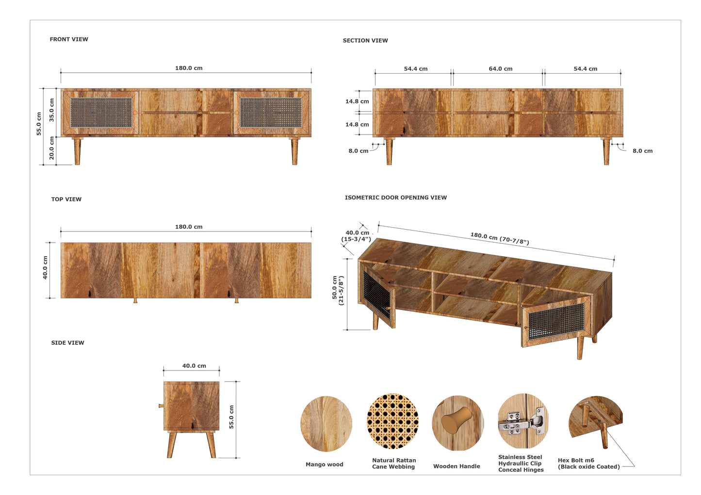 TV Storage Unit with 2 Wooden Rattan Doors