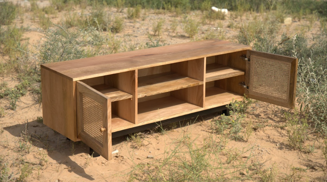 TV Storage Unit with 2 Wooden Rattan Doors