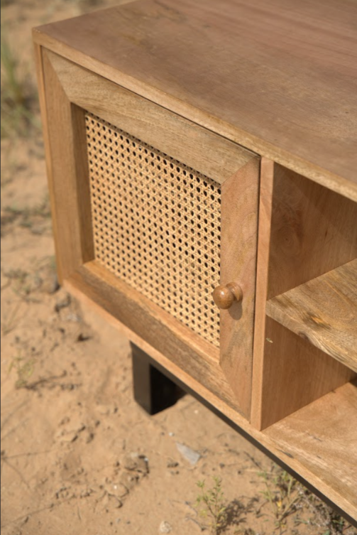 TV Storage Unit with 2 Wooden Rattan Doors