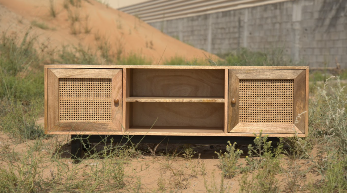 TV Storage Unit with 2 Wooden Rattan Doors